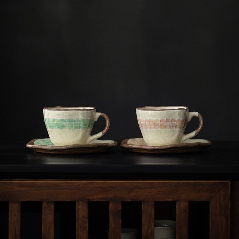 Elegant pastel tea cup with matching saucer close-up