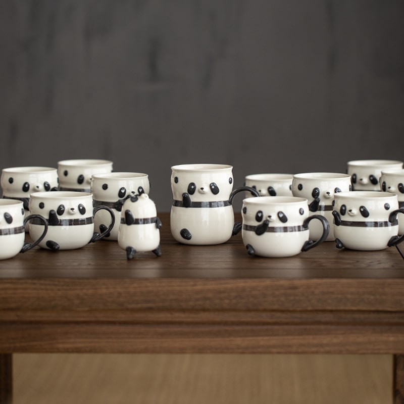 Close-up of 3D panda details on ceramic cup