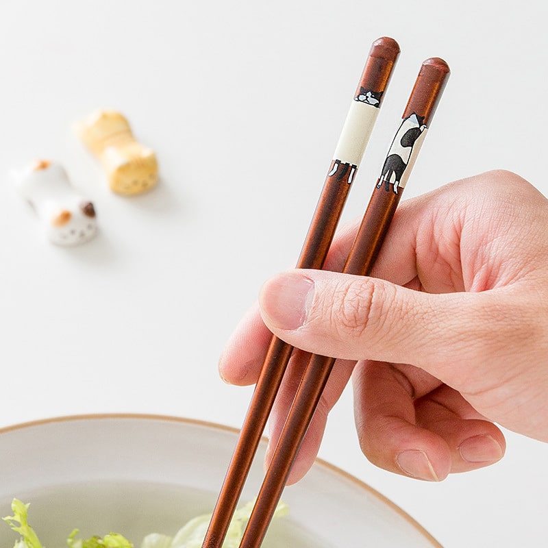 Hand holding Japanese chopsticks with cat designs