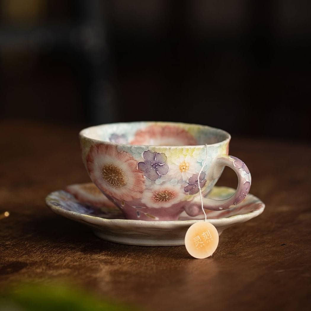 Hand-painted Japanese floral tea cup with saucer in pastel tones