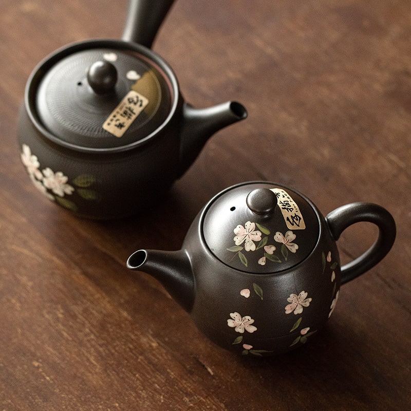 Handmade Japanese Kyusu teapot with cherry blossom motif