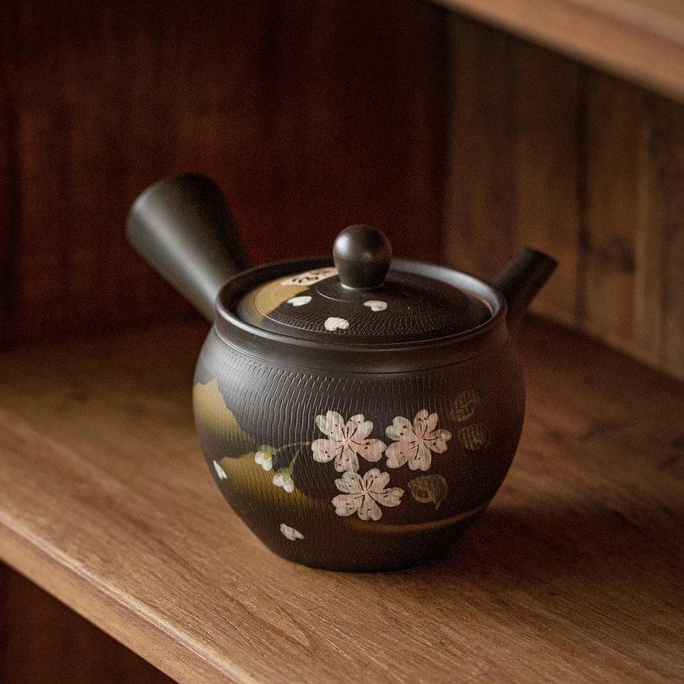 Handmade Japanese Kyusu teapot with cherry blossom motif