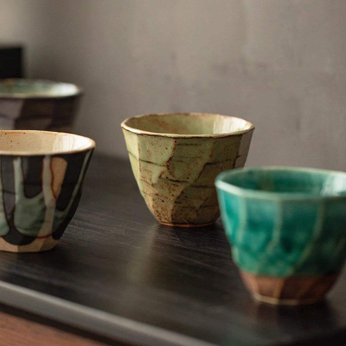 Interior view of ceramic cups with natural glaze detailing