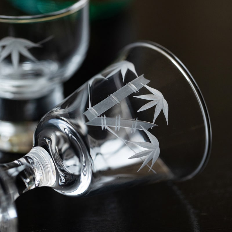 Close-up of floral etched pattern on crystal wine glass