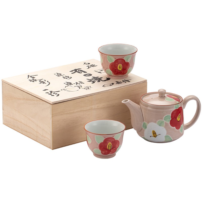 Traditional Japanese tea set in decorative wooden gift box.