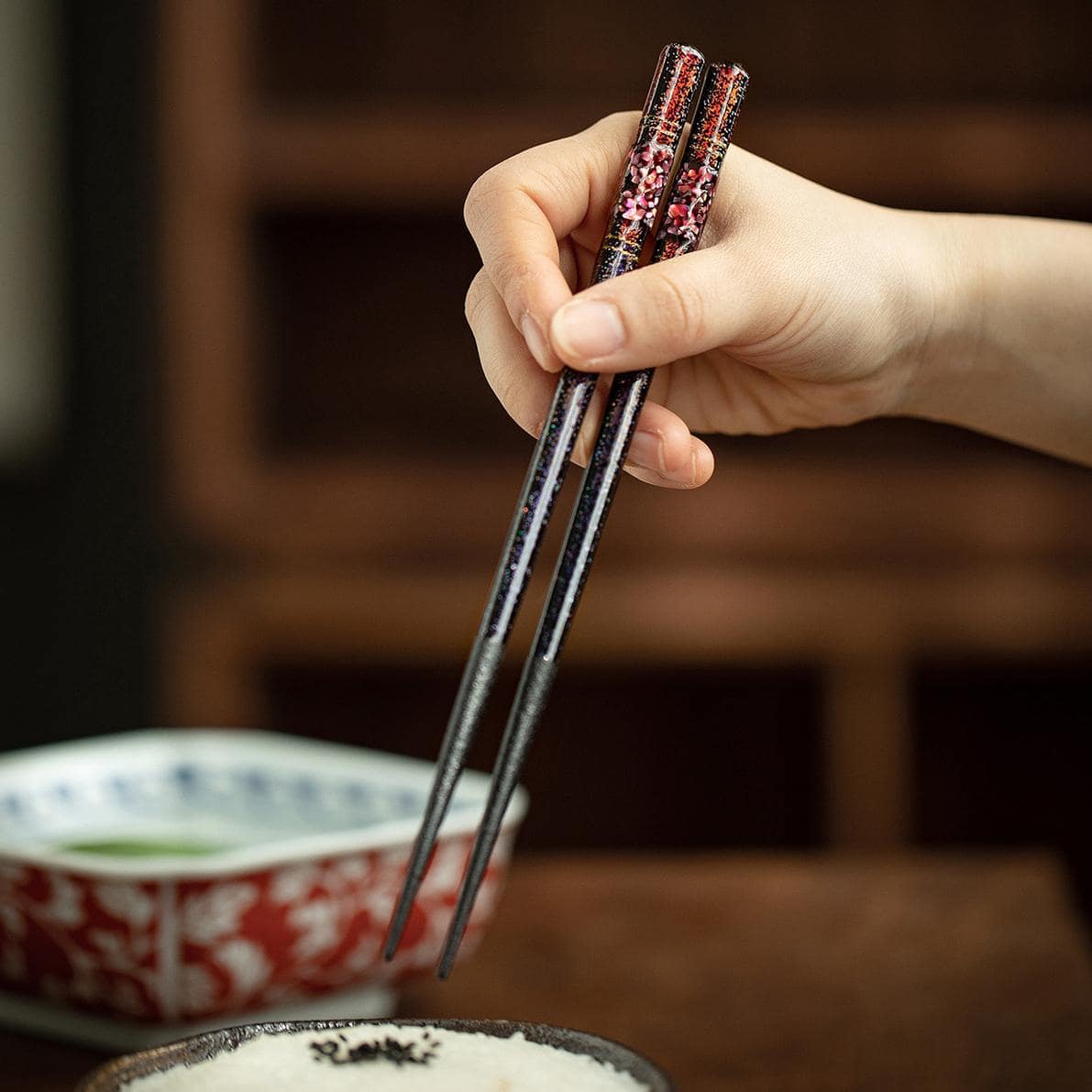 Non-slip pointed Japanese chopsticks close-up view.