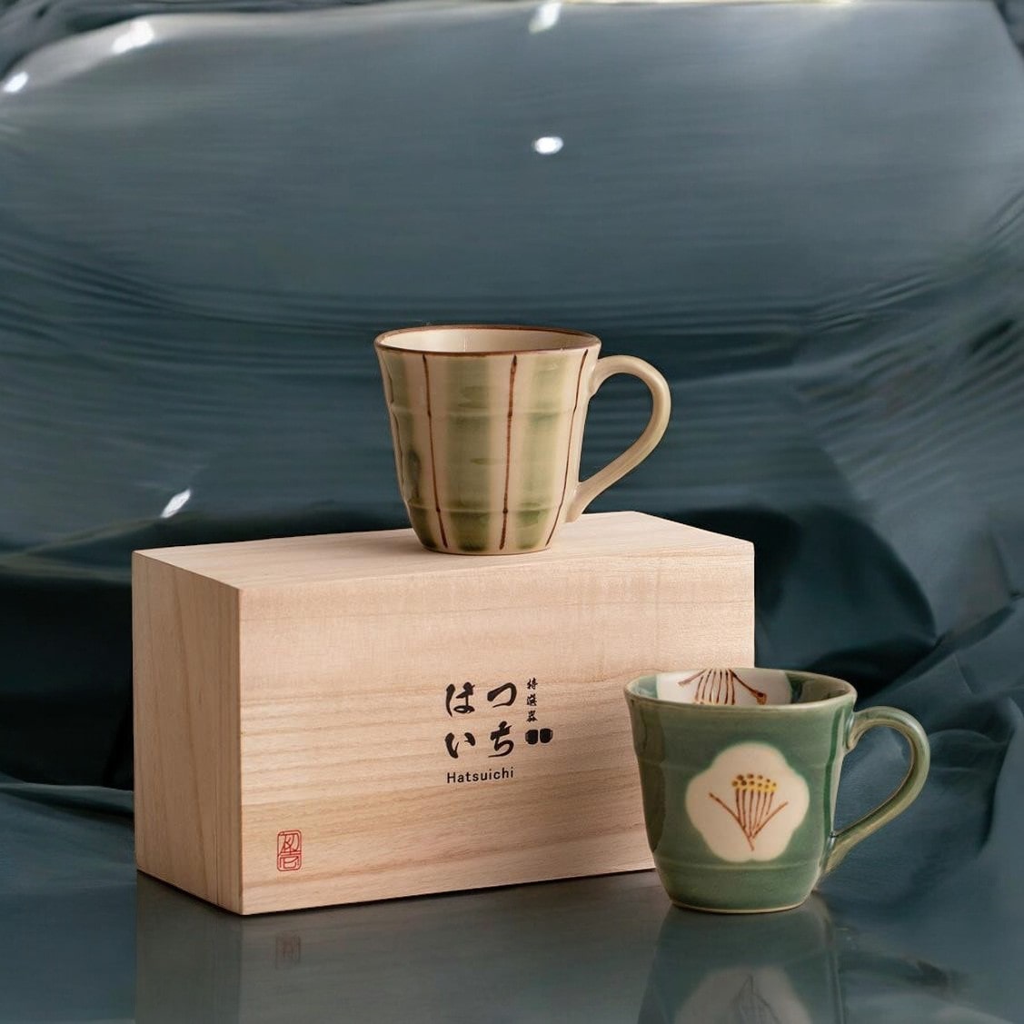 Pair of ceramic mugs with wooden gift box packaging