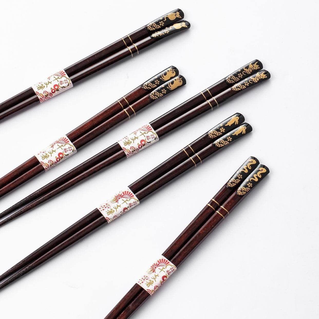 Luxurious Wooden Chopsticks with Intricate Gold Zodiac Animal Motif Designs






