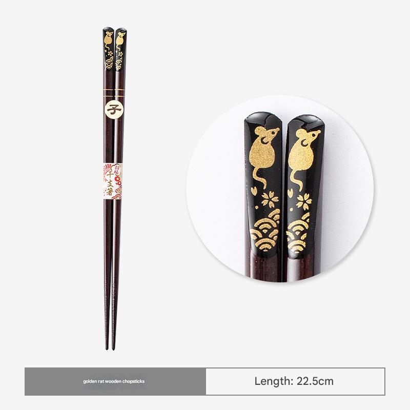 Luxurious Wooden Chopsticks with Intricate Gold Zodiac Animal Motif Designs