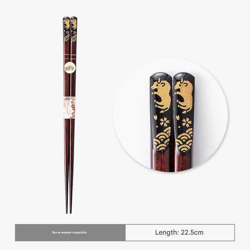 Luxurious Wooden Chopsticks with Intricate Gold Zodiac Animal Motif Designs