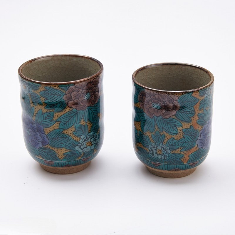 Artistic Bird and Floral Tea Cups - Japanese Ceramic Pair
