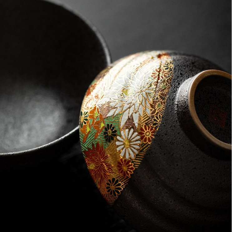 Japanese-inspired rice bowls with intricate patterns.