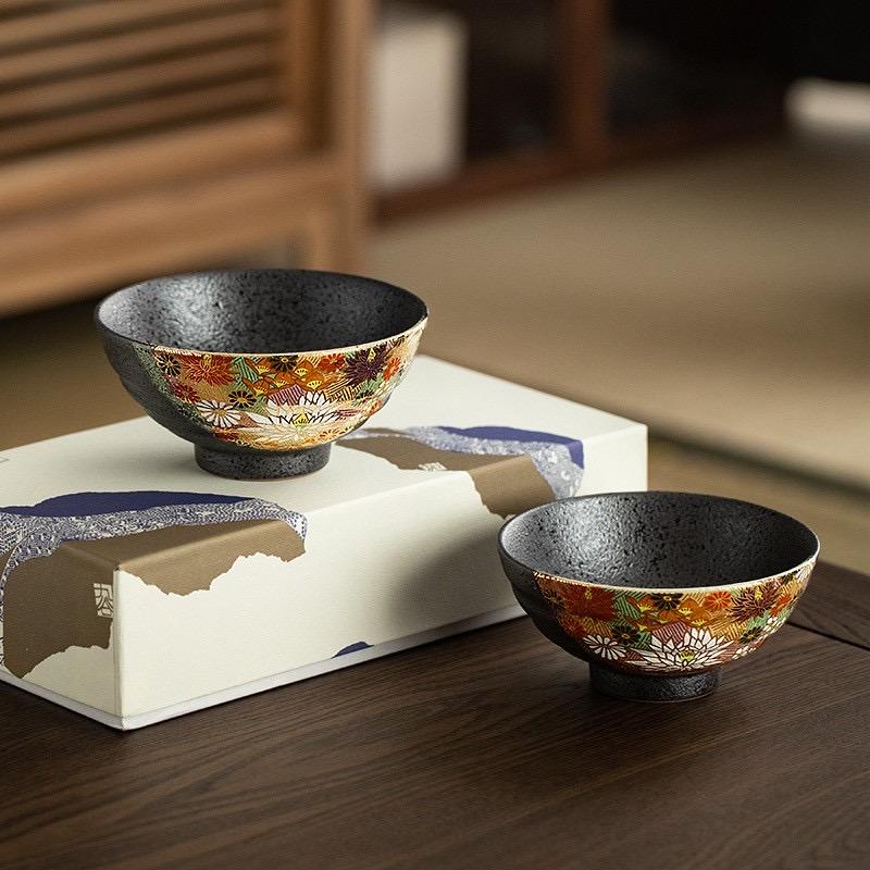 Handcrafted Japanese ramen bowls with floral designs.