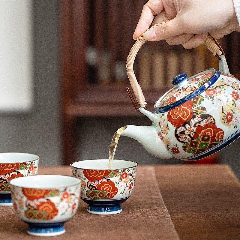 Close-up of floral design on porcelain tea cups