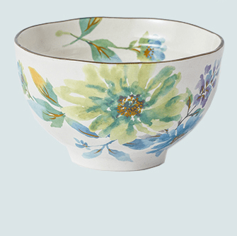 Artisan rice bowl set with unique hand-painted floral patterns.