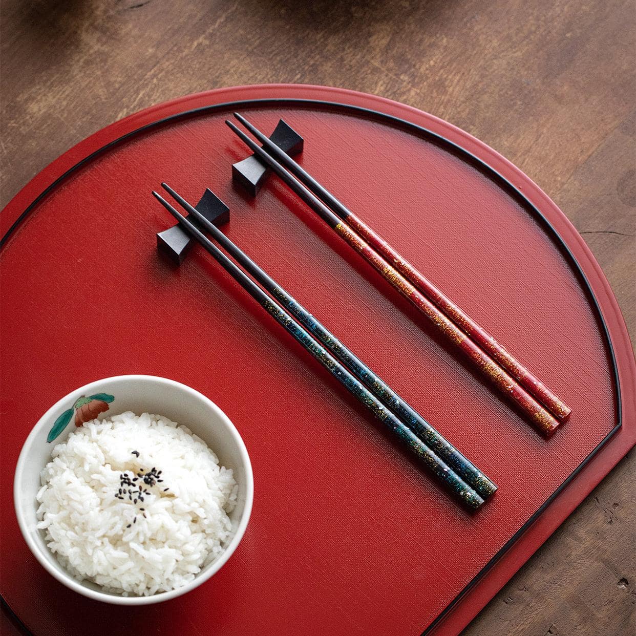 Close-up of glittering finish on Japanese chopsticks