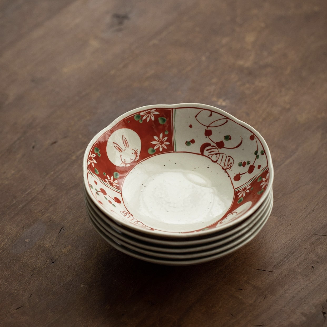 Close-up of detailed rabbit motif on a ceramic plate