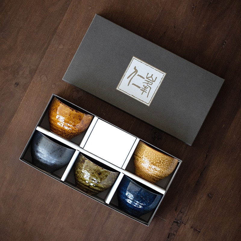 Handcrafted Japanese Sake Cup Set - Textured Multi-Glaze in Artisan Box