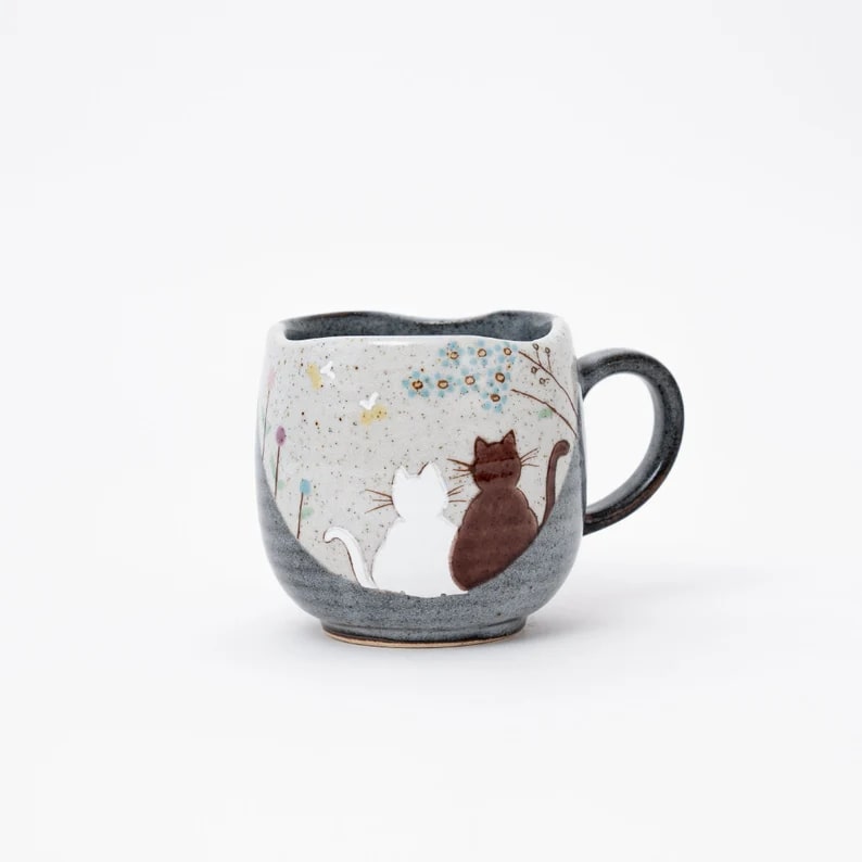 Handcrafted Kutani Ware Cat Mug with gray and white speckled glaze