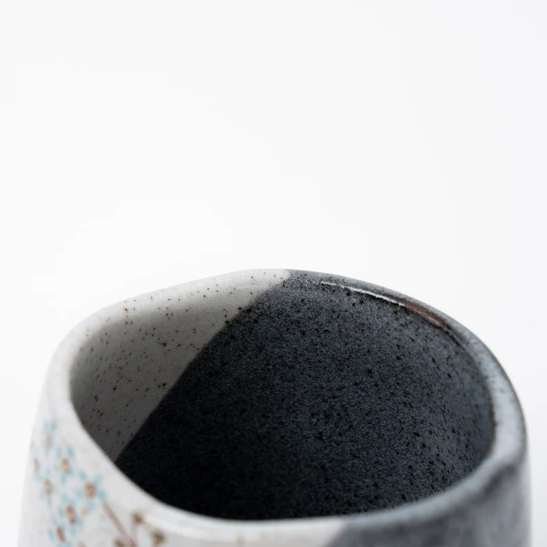 Handcrafted Kutani Ware Cat Mug with gray and white speckled glaze