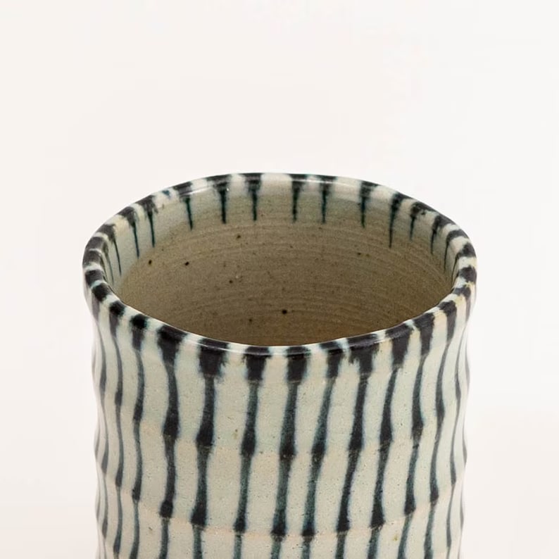 Handmade Kimura Kohiki Tokusa Tea Cup with vertical stripe design