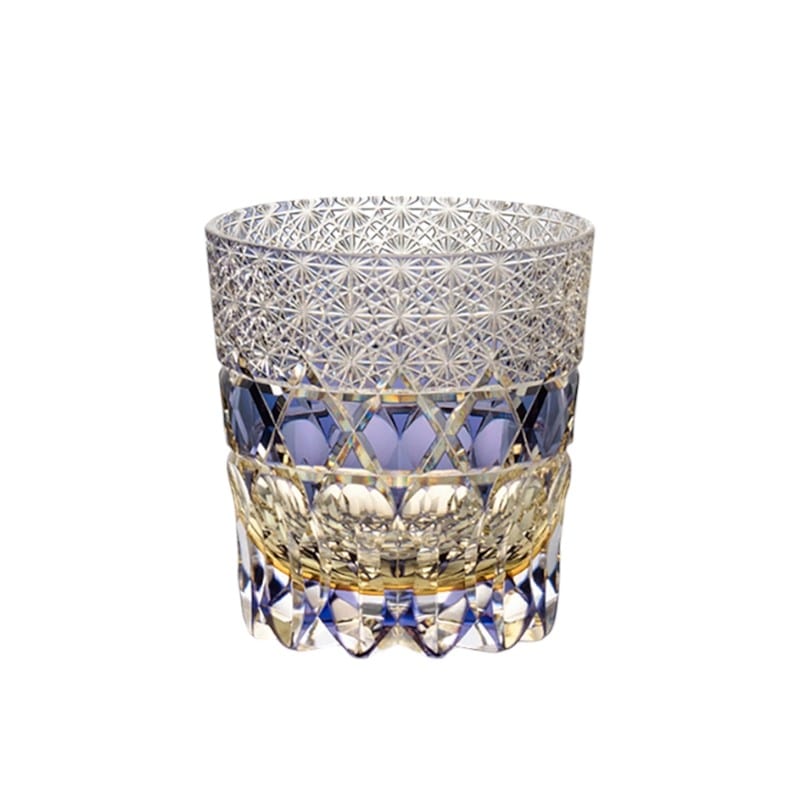 Purple fluorite whiskey glass with European-style design and Edo Kiriko crystal cut pattern.
