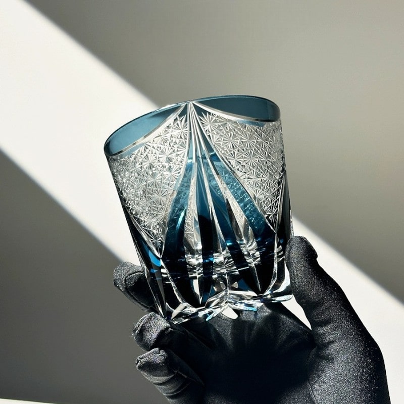 Handcrafted Sanctuary Blue Ice whiskey glass with Japanese Edo Kiriko design in double-layer crystal.
