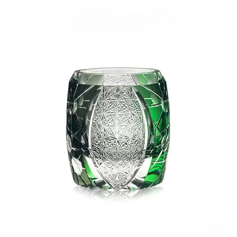 Handcrafted Kikiro Whiskey Glass - Edo Kiriko Crystal with Blue-Black Yin-Yang Design