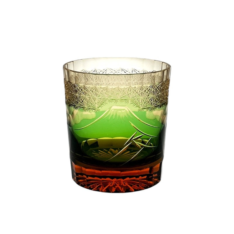 Mount Fuji whiskey glass with Edo Kiriko crystal cut design and vibrant blue-green palace-inspired motif.
