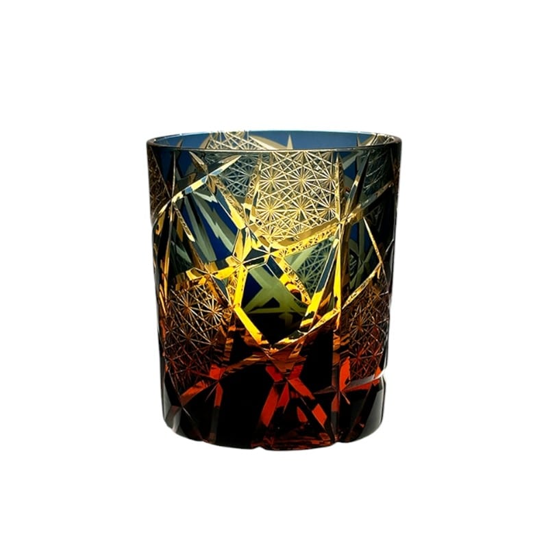 Twilight of the Gods variant whiskey glass in amber and blue with Edo Kiriko starburst design.
