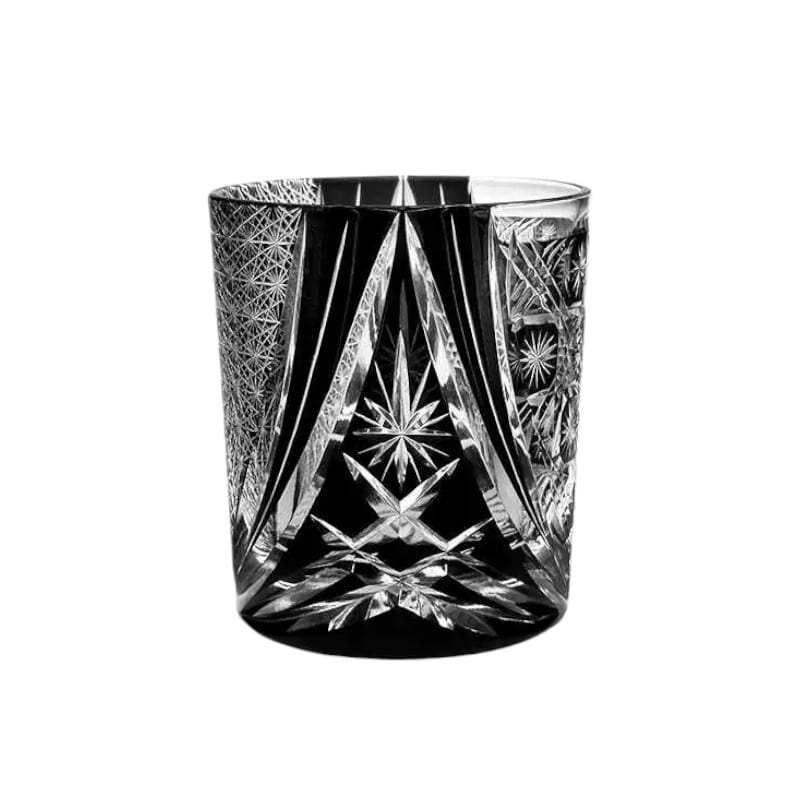 Black Edo Kiriko whiskey glass with intricate palace-inspired design and crystal craftsmanship.
