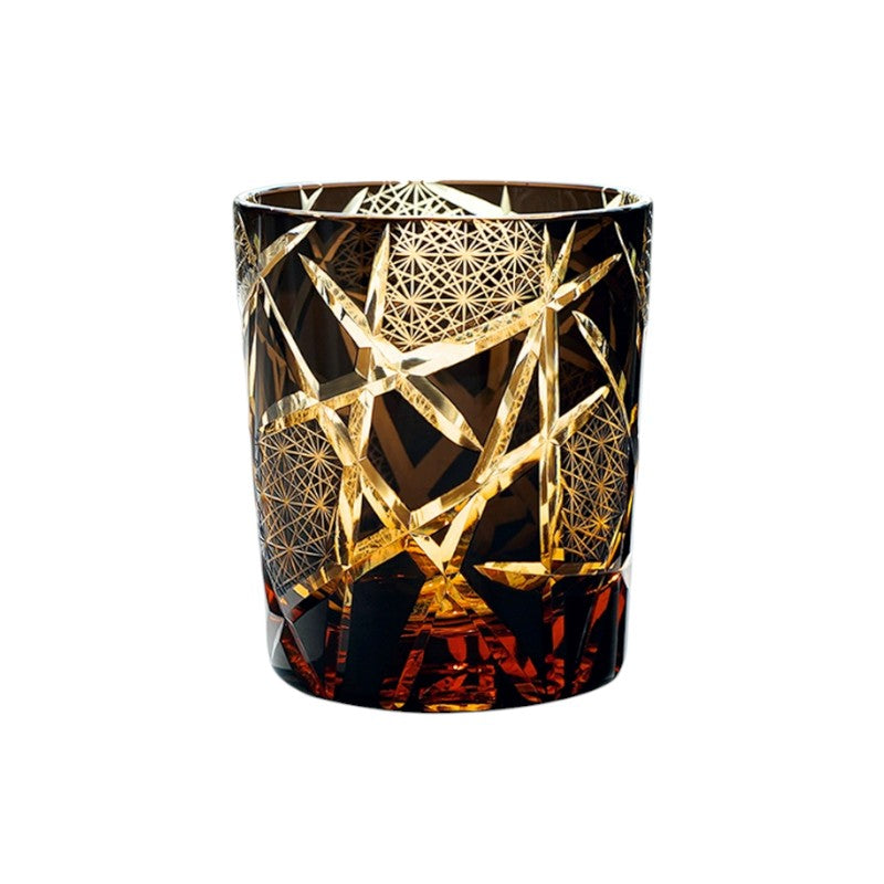 Twilight of the Gods whiskey glass with Japanese Edo Kiriko star pattern in amber crystal.
