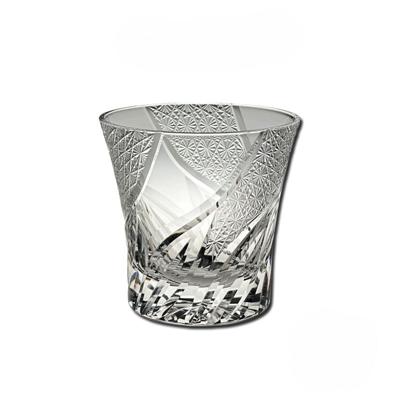 Handcrafted Edo Kiriko crystal whiskey glass with "Heavenly Realm" pattern, ideal for whiskey lovers and collectors.