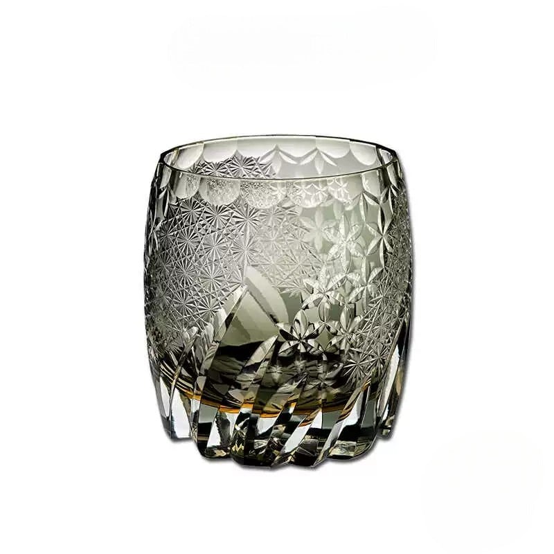 Dancing Breeze handcrafted crystal whiskey glass, 260mL, featuring intricate Japanese-inspired floral patterns.