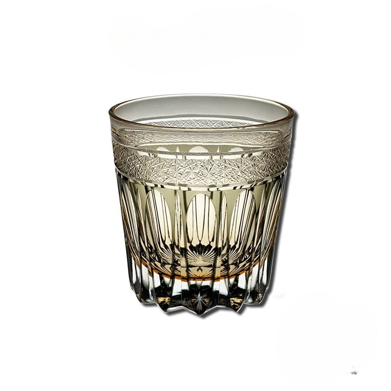 Kikiro Amber Wish Edo Kiriko handcrafted crystal whiskey glass, 360mL capacity.
