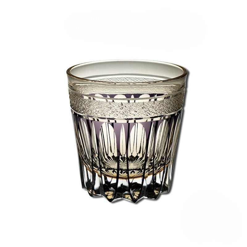 Purple Wish Edo Kiriko whiskey glass gift set with bag, showcasing intricate cut patterns.
