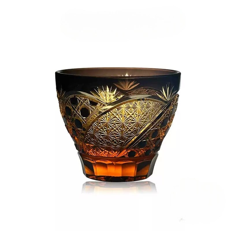 Amber "Cold Moon Night" hand-carved crystal glass, 160mL, with intricate Japanese-inspired design, ideal for whiskey or sake.