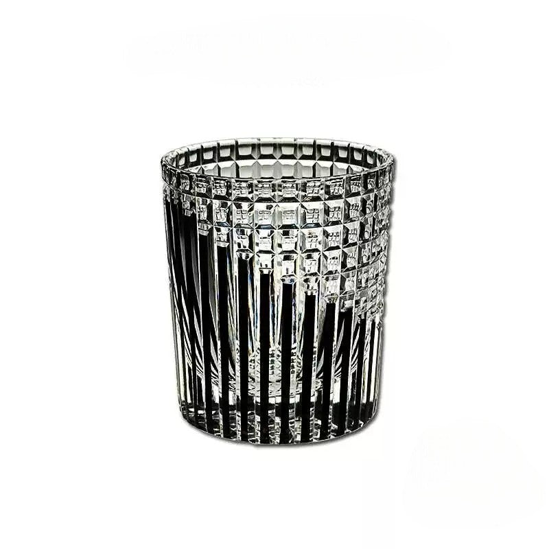 Handcrafted black crystal Edo Kiriko whiskey glass, 280mL with Nordic-inspired cut design.
