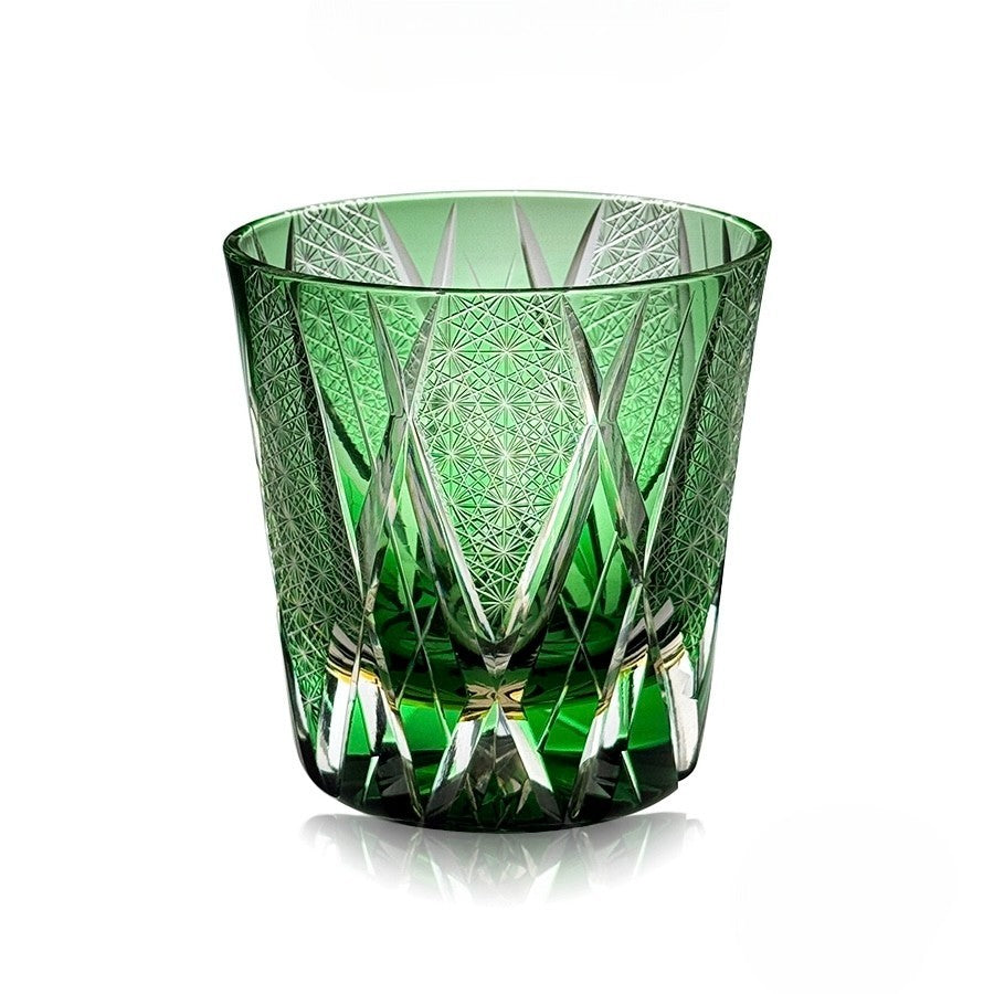 Cypress Green Edo Kiriko whiskey glass, 350mL handcrafted crystal with traditional Japanese carvings.