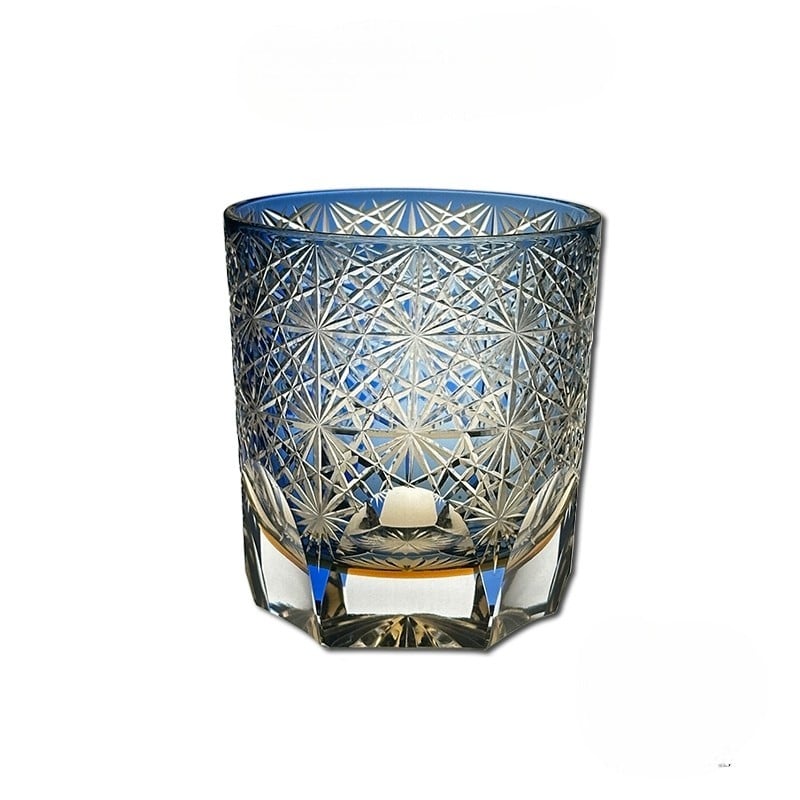 Handcrafted Edo Kiriko crystal whiskey glass with blue chrysanthemum pattern, perfect for whiskey and spirits.