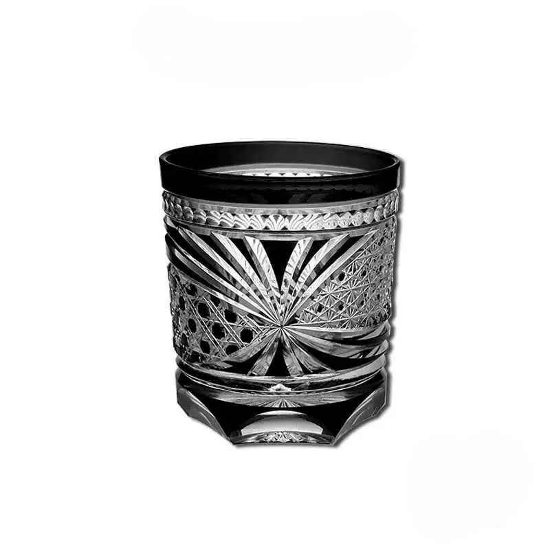 Black Feather Japanese Edo Kiriko whiskey glass, 260mL, featuring intricate feather design on premium crystal.
