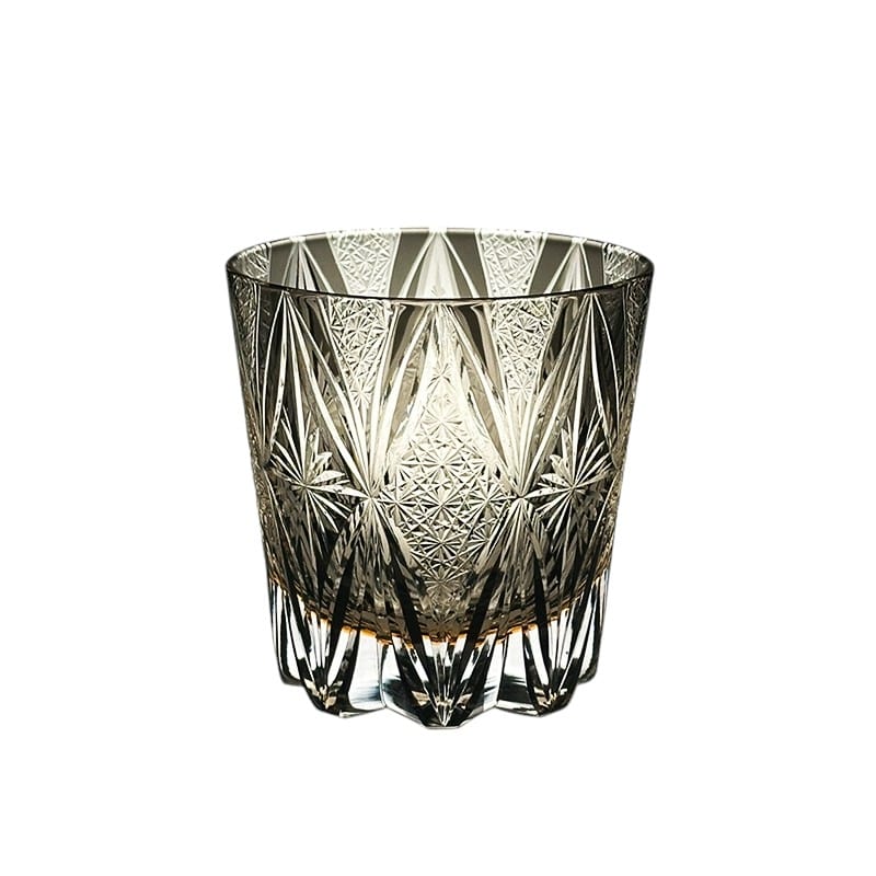 Vintage black whiskey glass with intricate Edo Kiriko crystal cut design, 280mL capacity.
