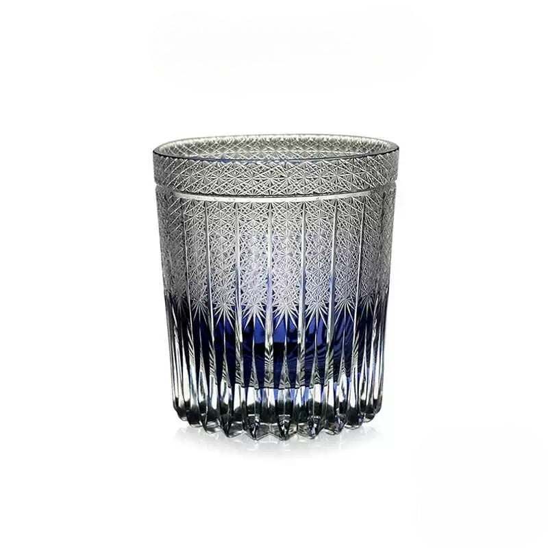 Violet Elegance Edo Kiriko whiskey glass, 360mL handcrafted crystal with intricate Japanese patterns in a deep violet shade.