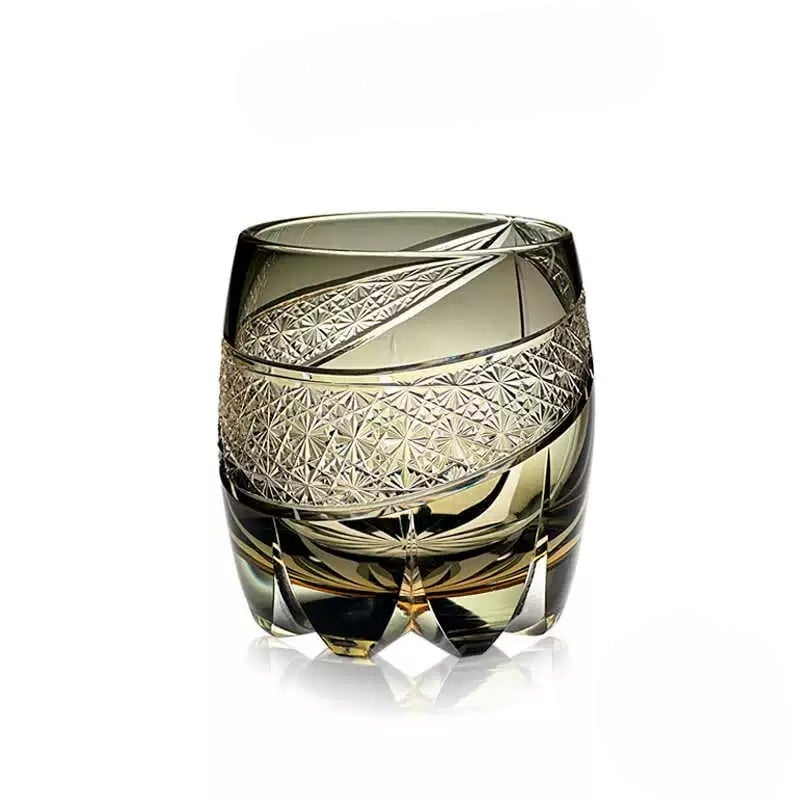 Thunder Light Edo Kiriko whiskey glass, 320mL hand-carved crystal with intricate Japanese design in a smoky tint.