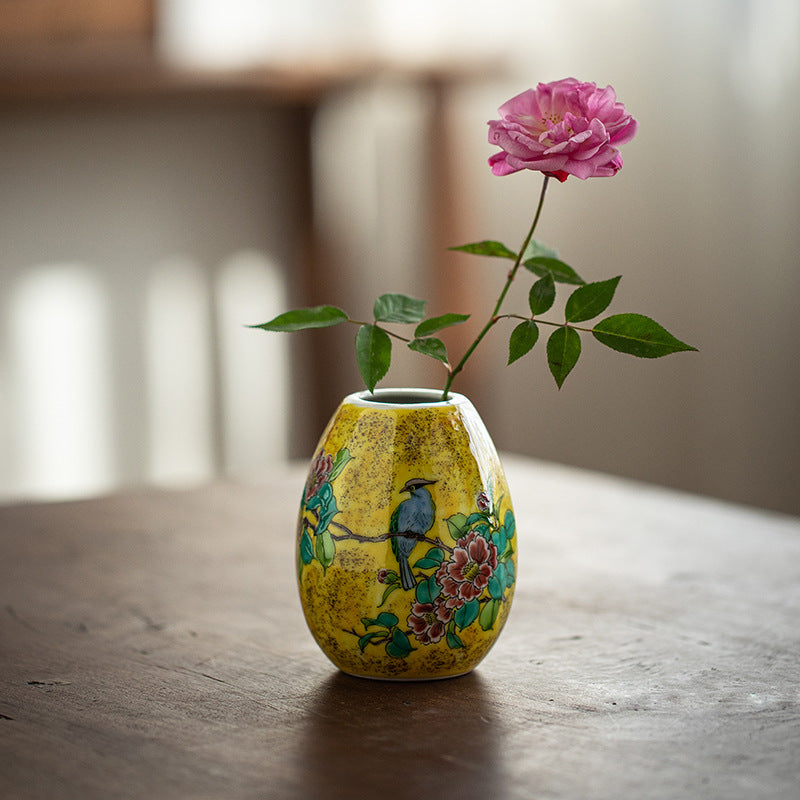 Kutani ware ceramic vase with floral and bird design