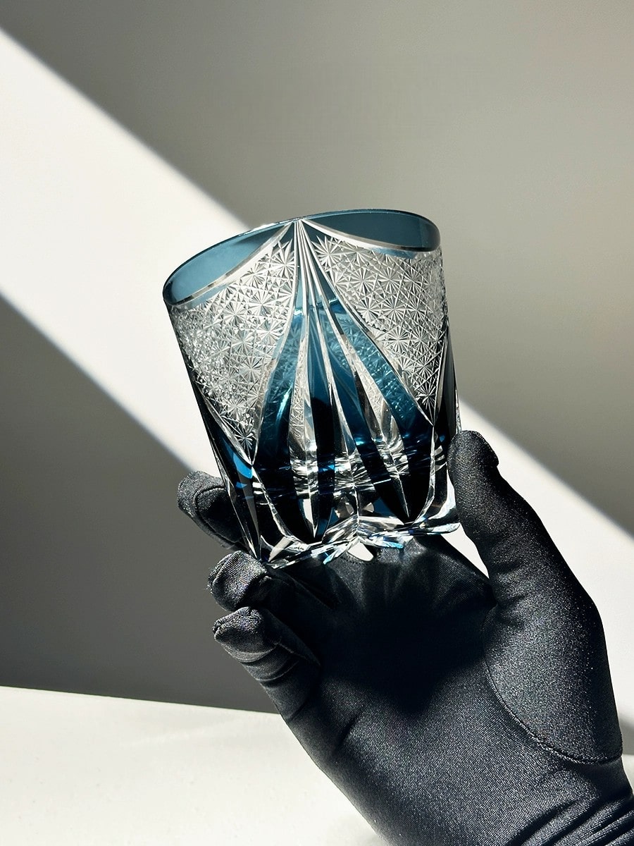 Handcrafted Sanctuary Blue Ice whiskey glass with Japanese Edo Kiriko design in double-layer crystal.
