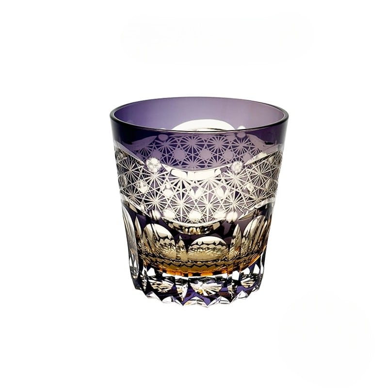 Handcrafted purple crystal whiskey glass with traditional Japanese Edo Kiriko star pattern, 280mL capacity.
