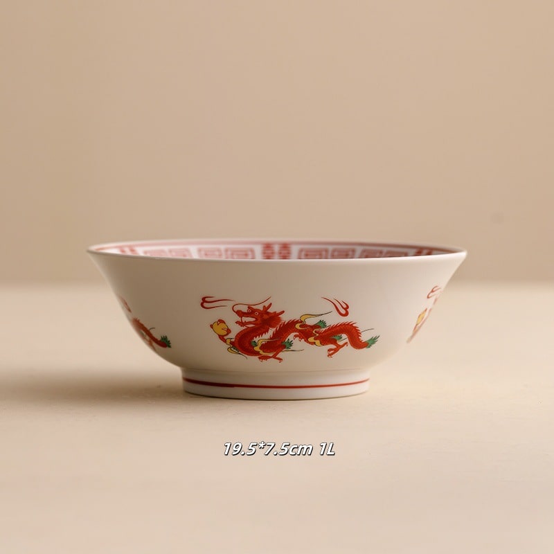 Close-up of a red dragon design on a porcelain bowl