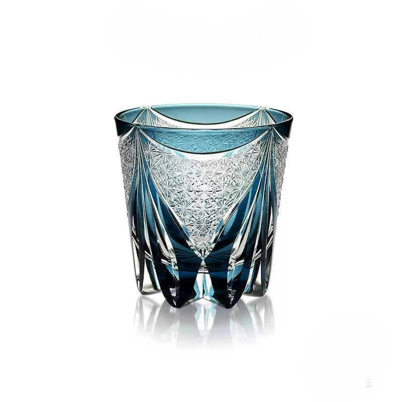 Sanctuary Blue Edo Kiriko handcrafted whiskey glass with intricate carvings, 260mL crystal glass.