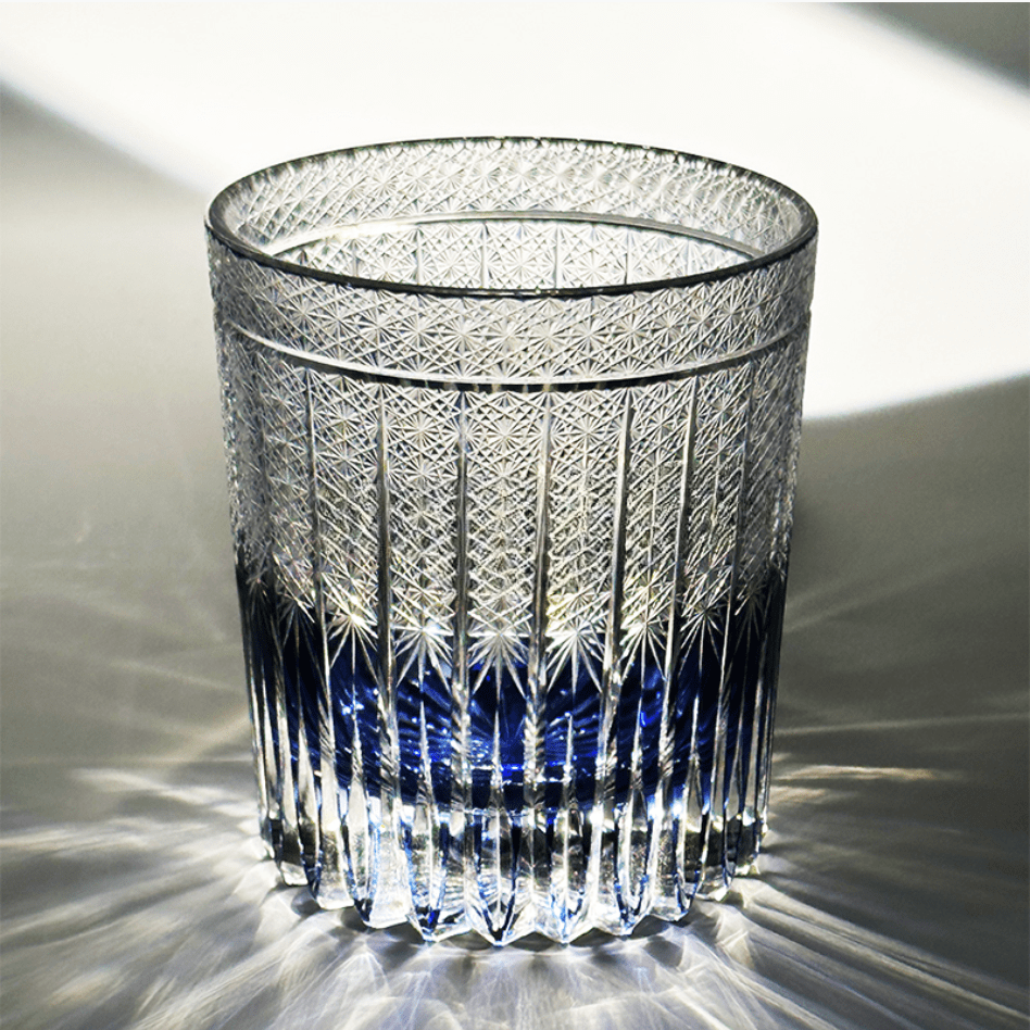 Violet Elegance Edo Kiriko whiskey glass, 360mL handcrafted crystal with intricate Japanese patterns in a deep violet shade.